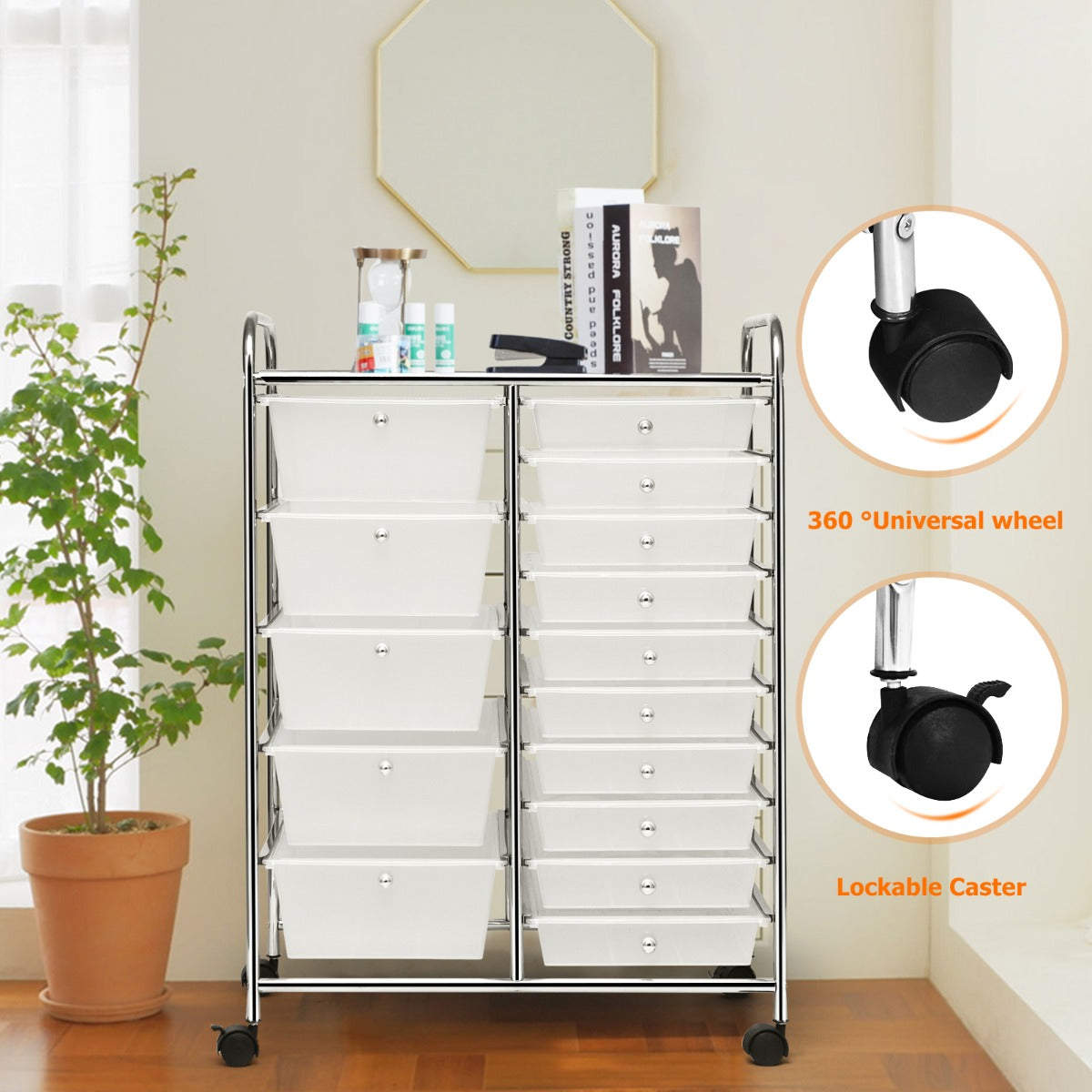 15 Drawer Rolling Storage Cart with Wheels for Home Office Clear