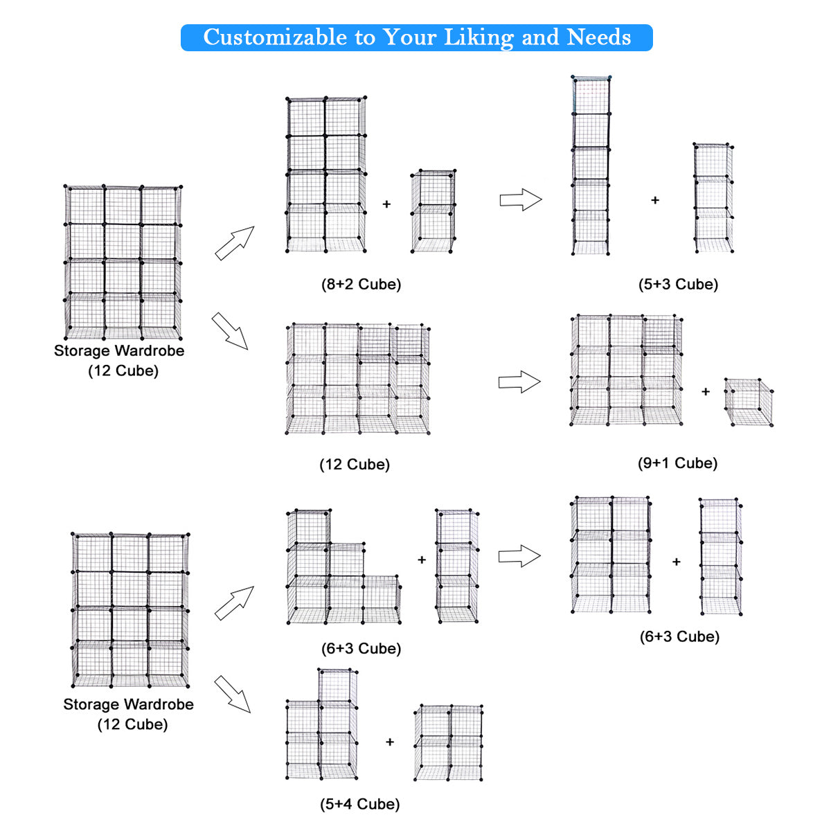 Metal Wire Free Standing DIY Storage Cubes with 12 Cubes-Black