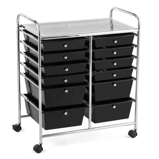 Costway Movable 12-Drawer Storage Trolley with 2 lockable for Home Office Black