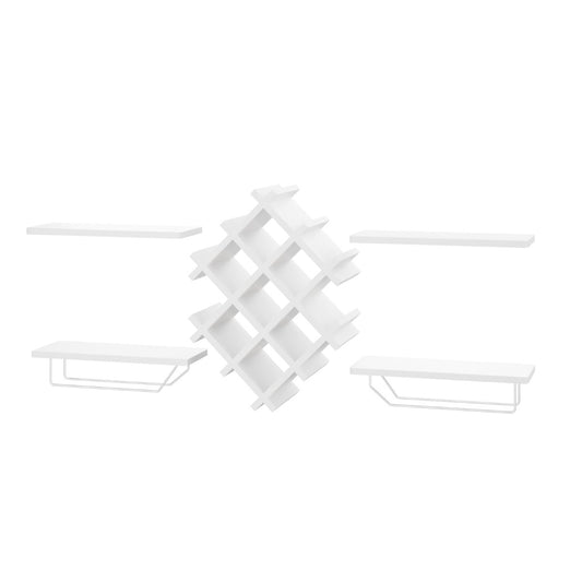 Four display shelves hold wine bottles, plants, pictures, and decorative accessories