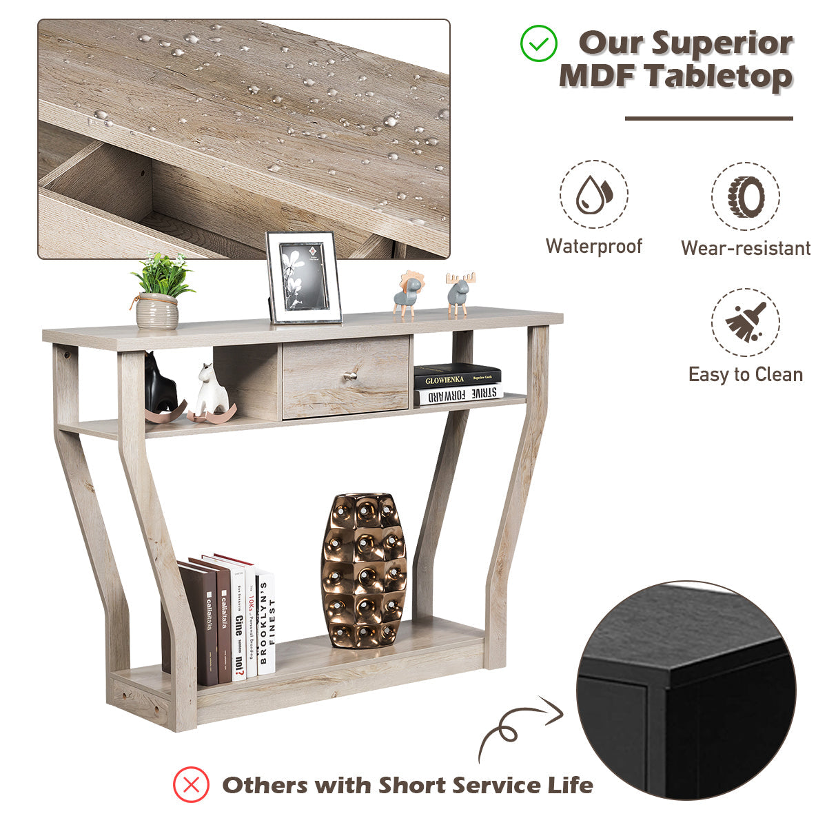 Space-saving MDF console table offering display space, hidden storage, and durable support