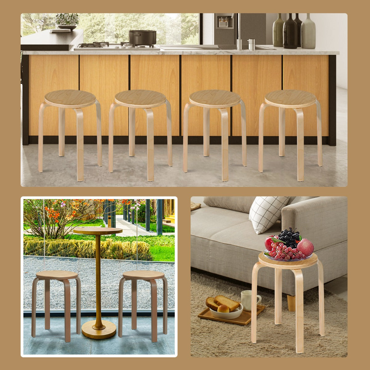 Lightweight wooden stools are easy to transport for classrooms, homes, offices, and events