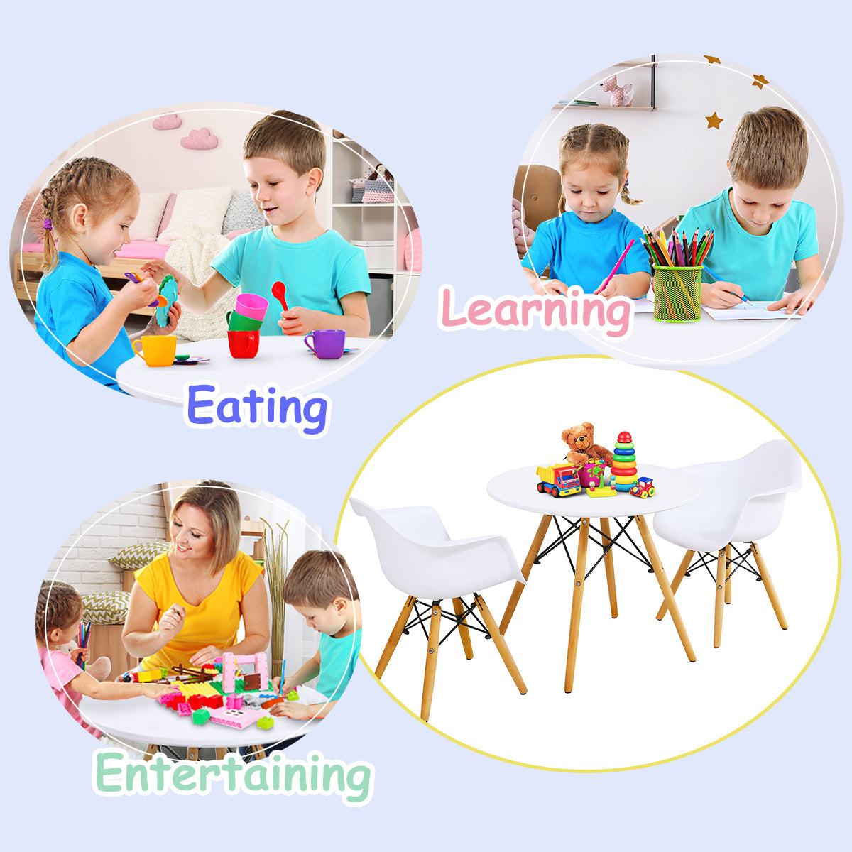 Round kids table set makes a practical gift for creating a comfortable personal space for young children