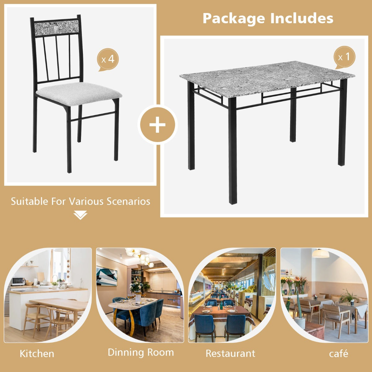 5-Piece Dining Table Set with 4 High Back Chairs & 1 Rectangular Table