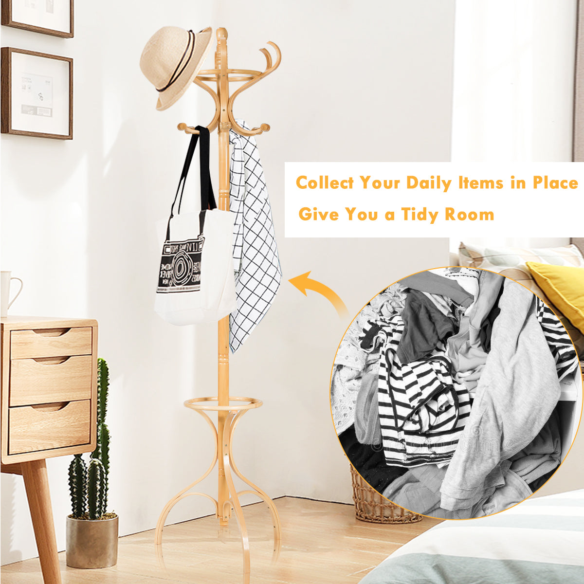Red-brown and oak freestanding coat rack combines practical storage with stylish design