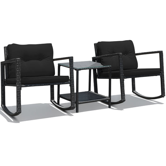 Black PE rattan rocking chairs gently move back and forth for a soothing outdoor experience