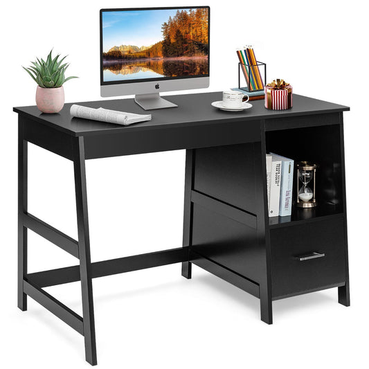 Costway Black Computer Laptop Workstation Drawers Shelf with Spacious Room for Office