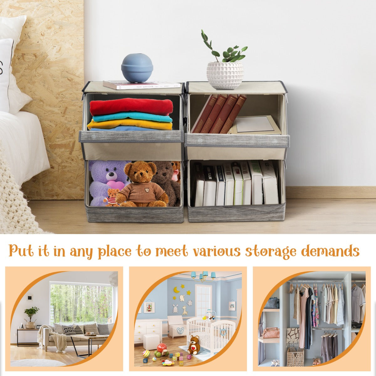 Large Stackable Bins Cubes with Lids Storage Organizers-Grey
