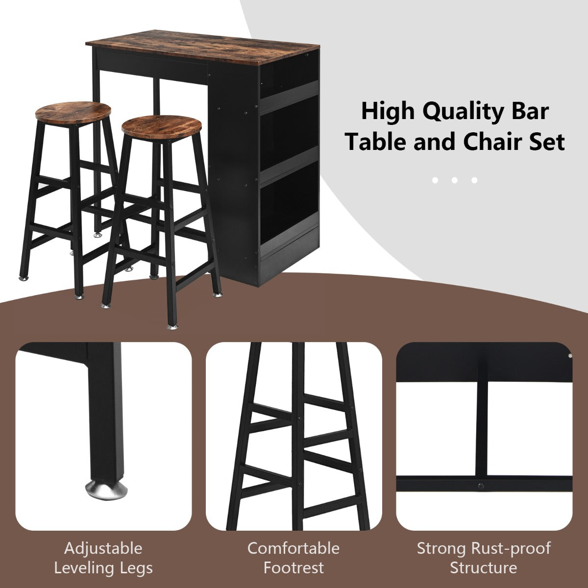 3 Pieces Industrial Kitchen Dining Bar Table Set with 2 Stools-Brown