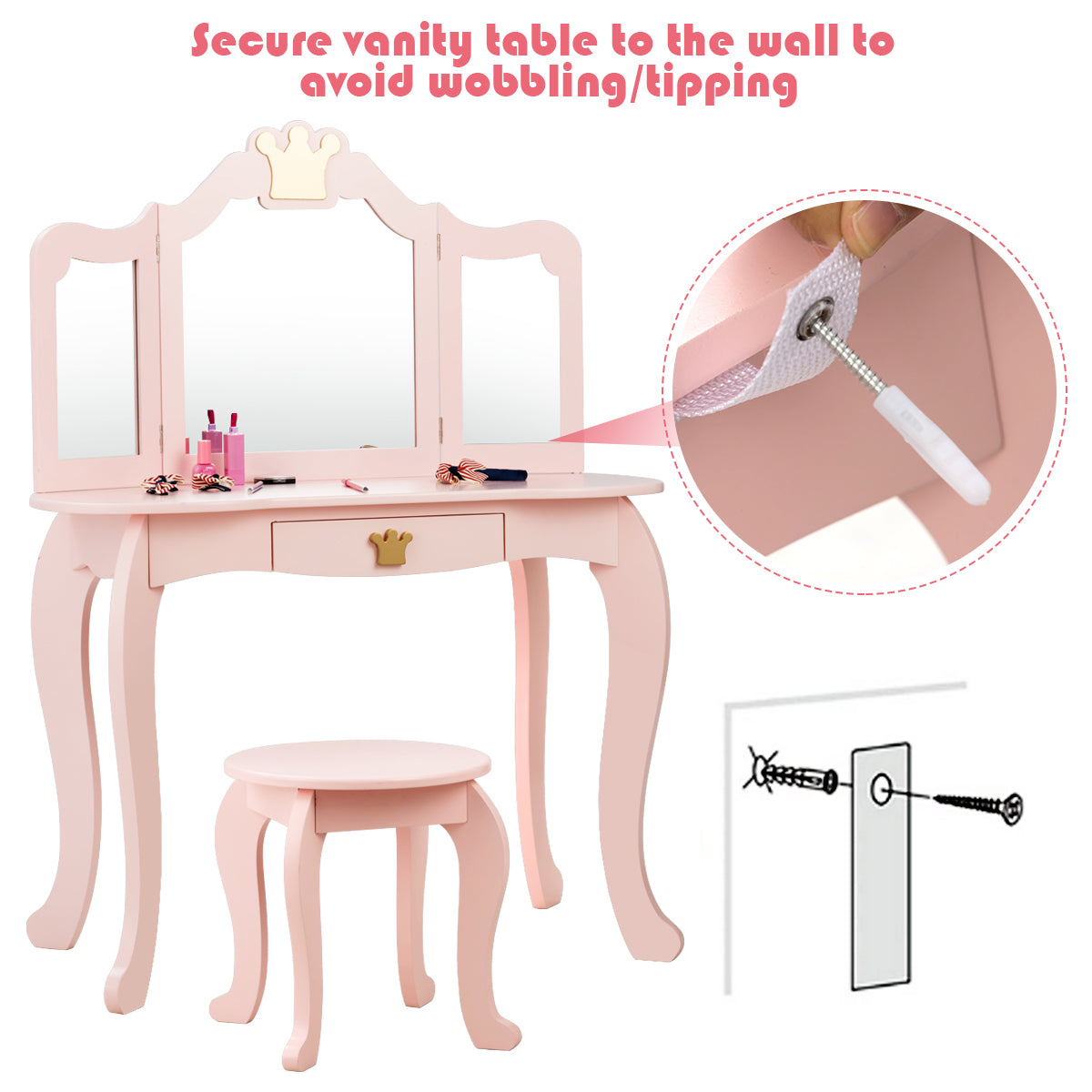 Costway Kids Vanity Table and Chair Set with Drawer & Mirror for Girls