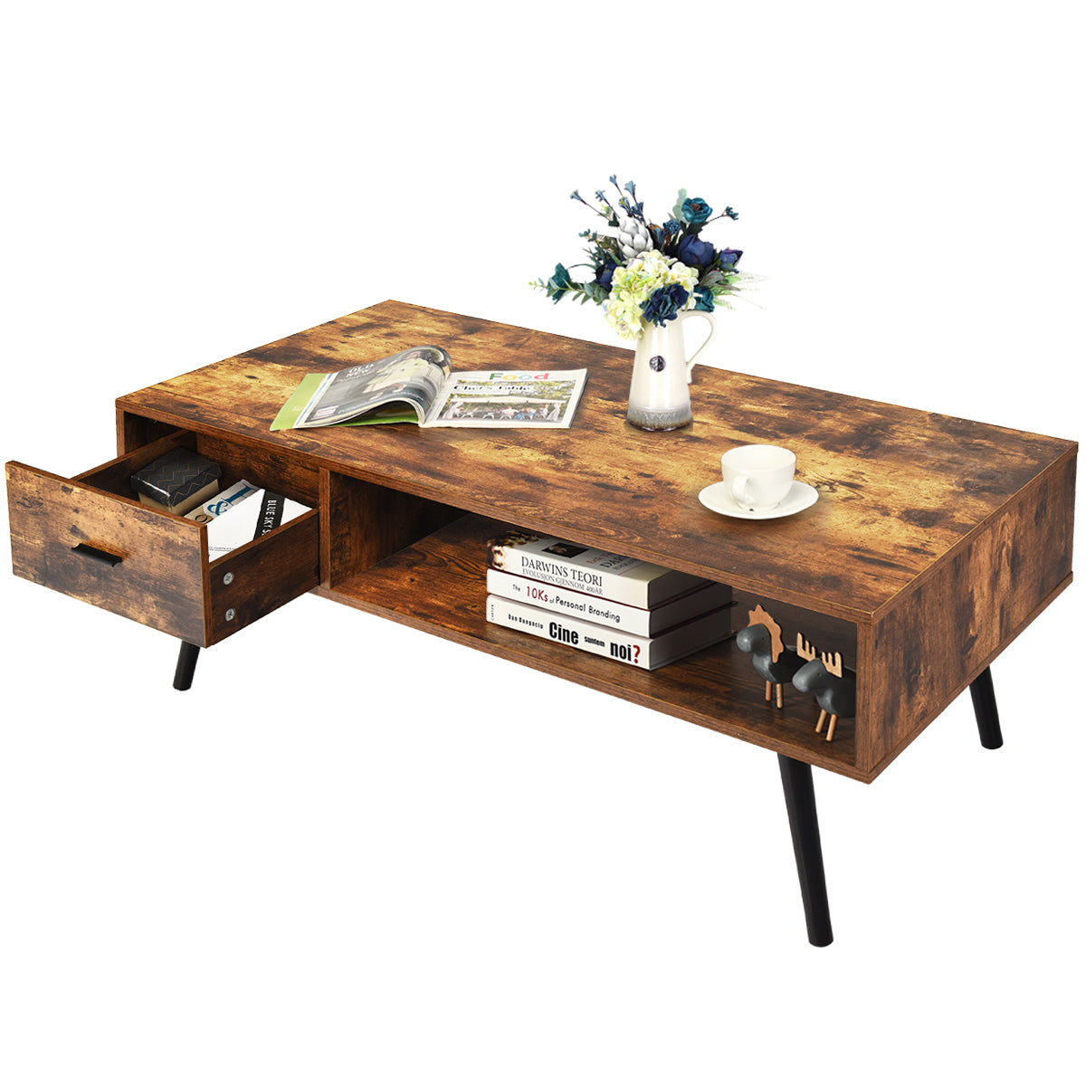 Mid-Century Modern Coffee Table with 1 Drawer & Storage Shelf