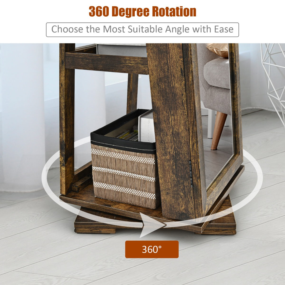 Full Length Mirrored Jewellery Cabinet Rotates 360° with Open Display Shelves-Coffee