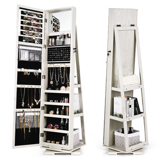 Costway Full Length Mirrored Jewellery Cabinet Rotates 360° with Open Display Shelves-White