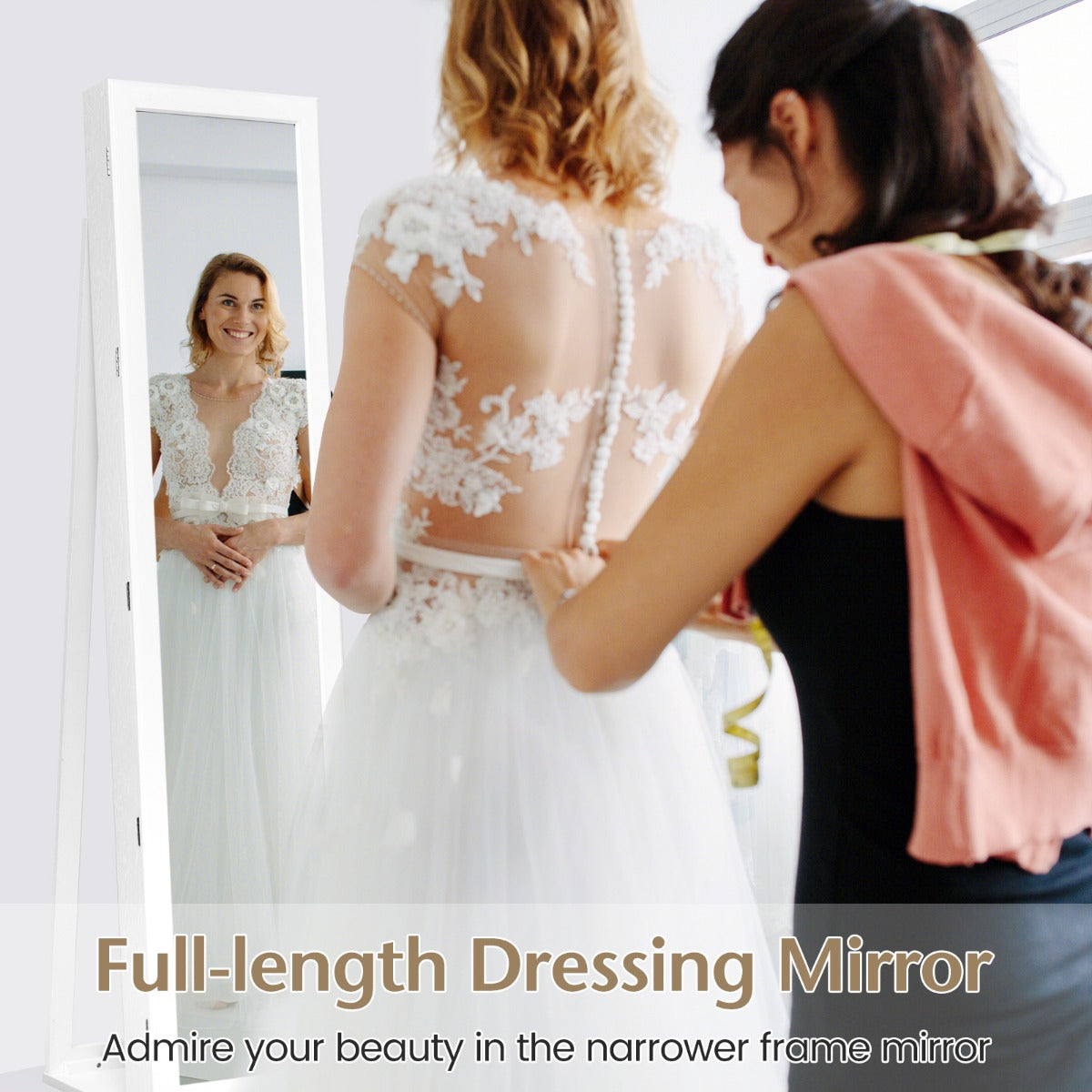 Free Standing Jewelry Armoire with Full Length Mirror for Bedroom-White