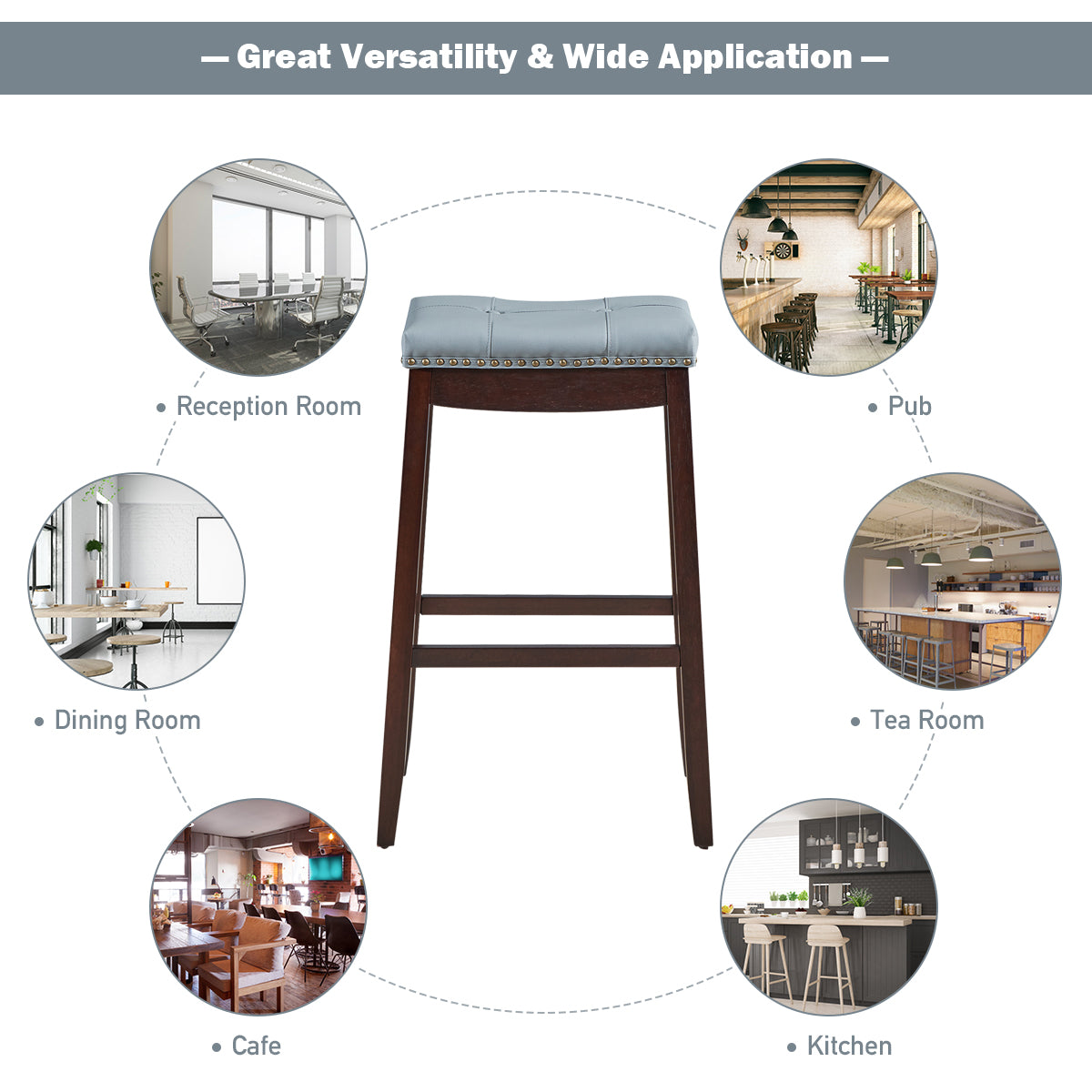 Backless Nailhead Bar Stool with Natural Rubber Wood Legs for Dining Room-Coffee