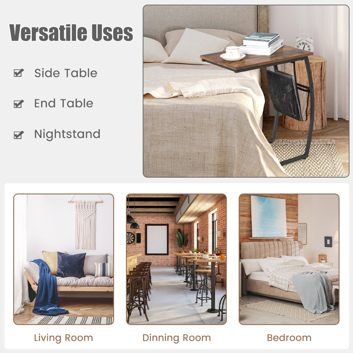 C-shaped End Table with Side Pocket for Living Room, Bedroom
