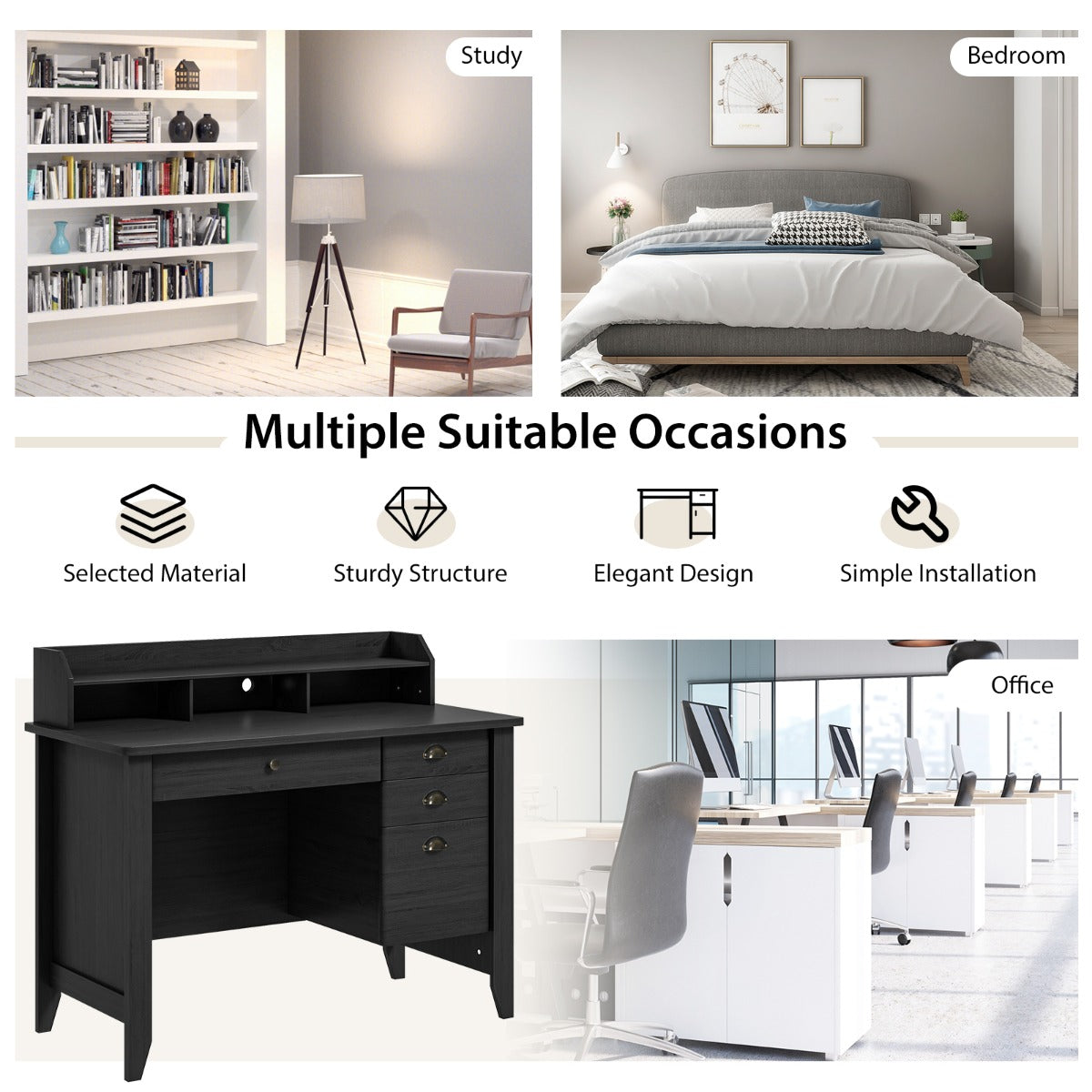 120 CM Computer Desk with 4 Storage Drawers & Hutch for Home Office-Black