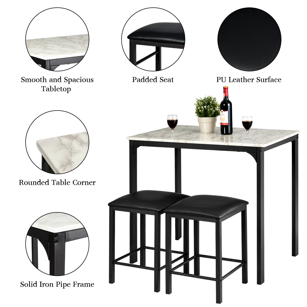 Modern three-piece dining furniture set complements kitchen, dining room, den, pub, or restaurant interiors