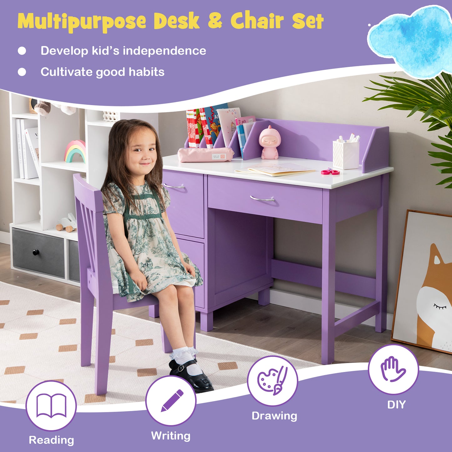 Kids Learning Desk & Chair Set for Bedroom & Study Room-Purple
