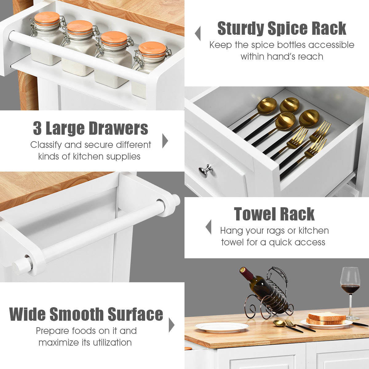 Kitchen Island Trolley with 3 Drawers & Adjustable Shelves