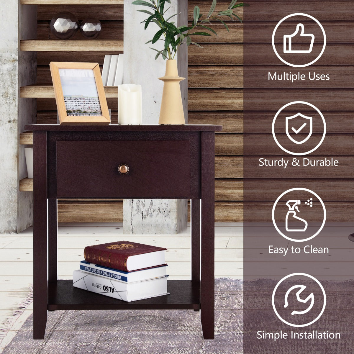 Tabletop supports up to 30 kilograms, drawer supports 5 kilograms, and shelf supports 10 kilograms