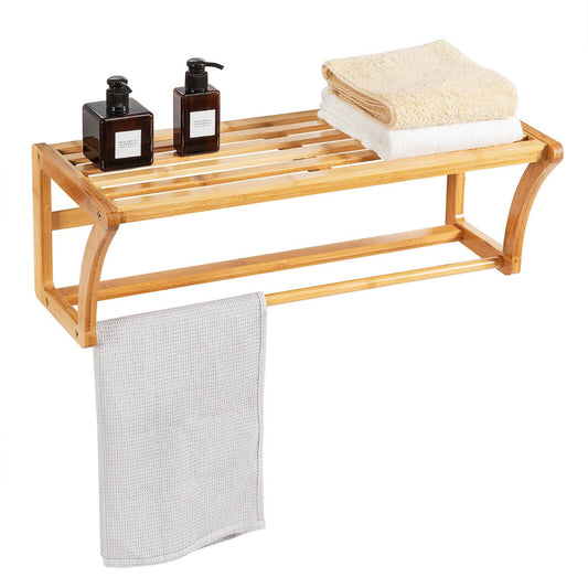 Two-tier bamboo towel holder provides a spacious 60 by 26 cm shelf for towels and clothing