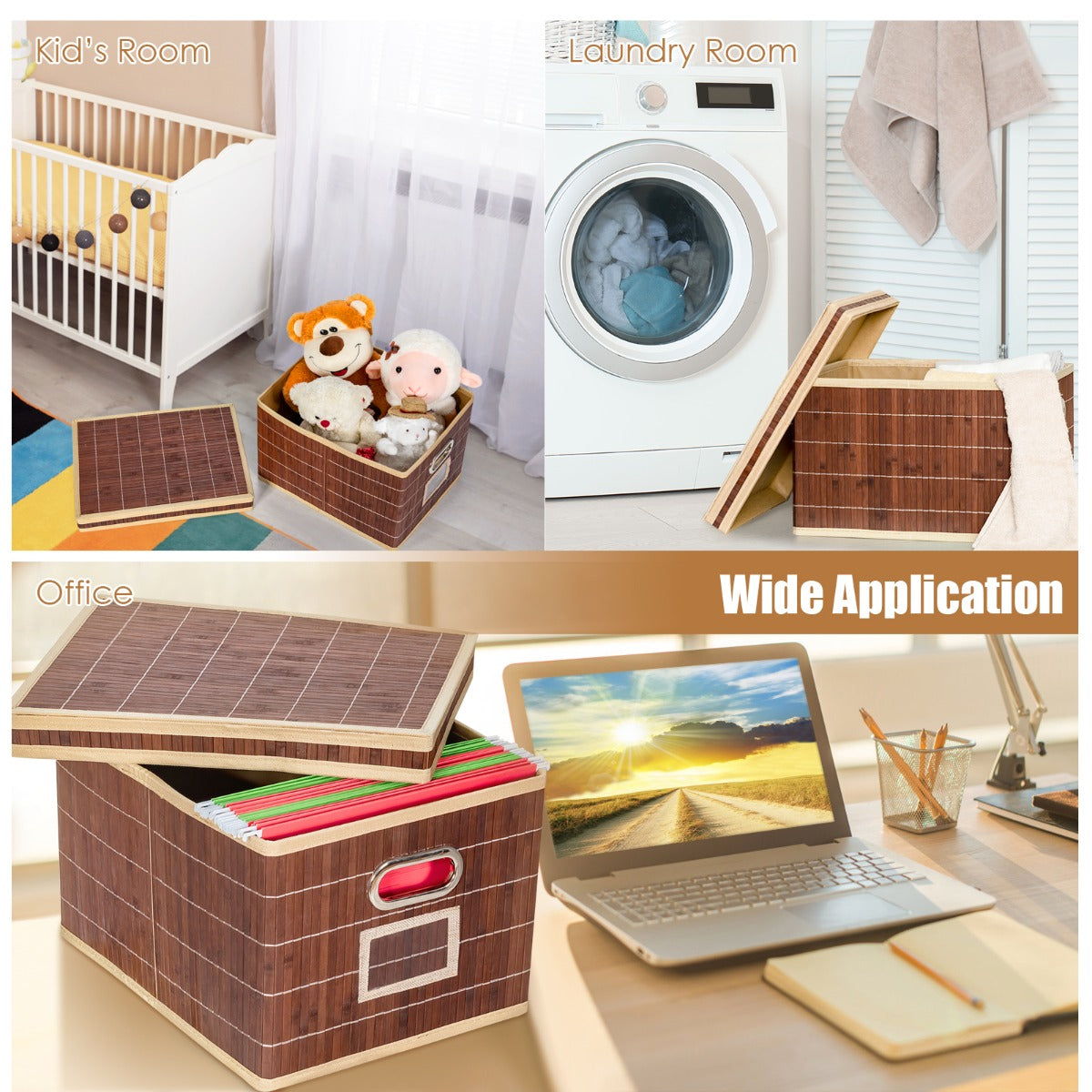 Set of 2 Folding Bamboo Storage Boxes with Removable Lids & Handles-Coffee