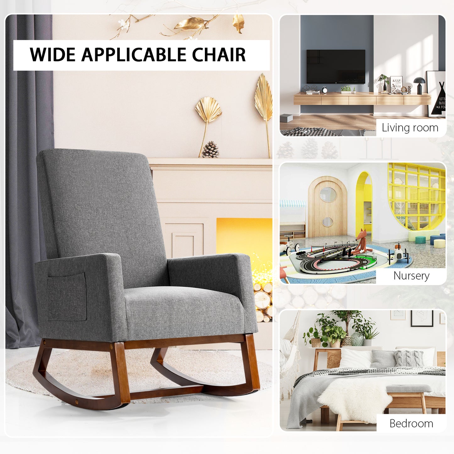 Modern Rocking Chair with Rubber Wood Base for Living Room-Grey