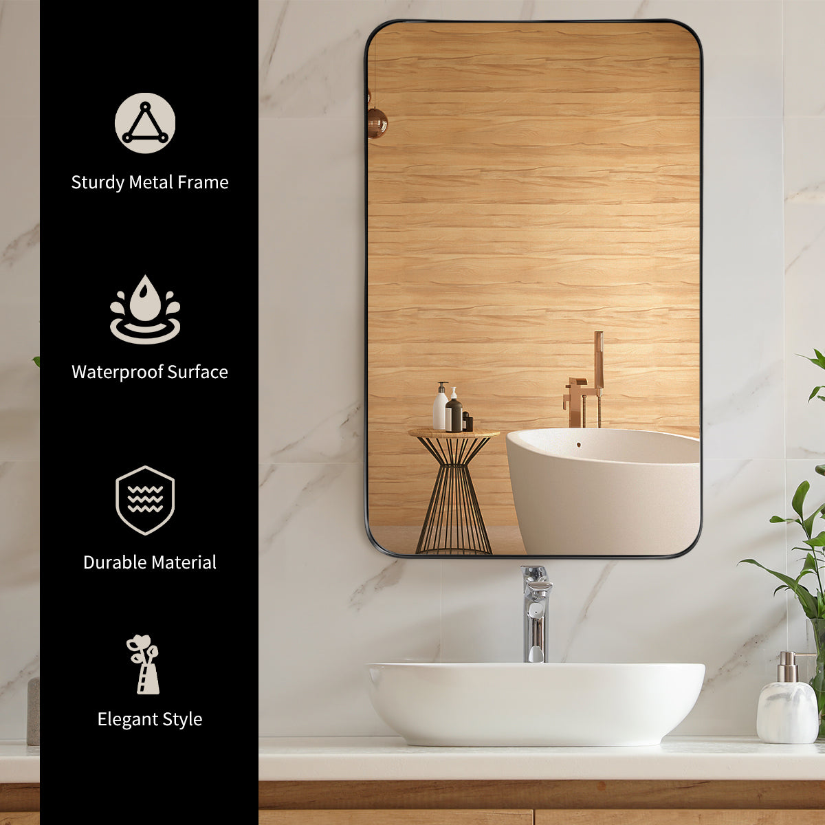 Costway Bathroom Wall Mirror with Rounded Corner for Washroom-Black