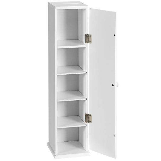 Compact bathroom tissue cabinet provides organized storage for toilet rolls, toiletries and cleaning supplies