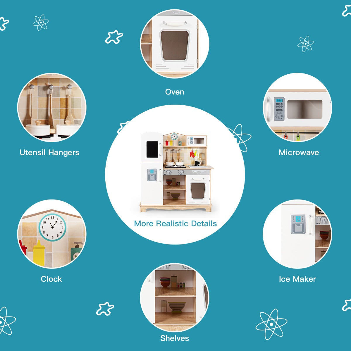 Large wooden kitchen set creates an engaging educational gift for toddlers and young children