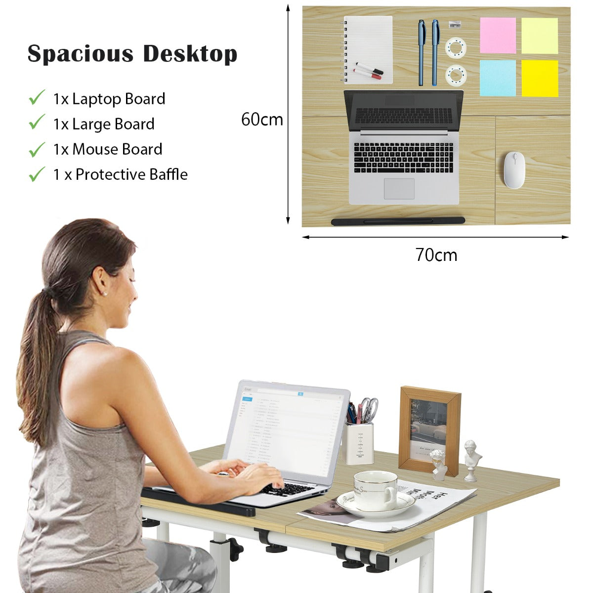 Mobile Stand up Computer Desk with 2 Tilting Desktops for Office-Natural