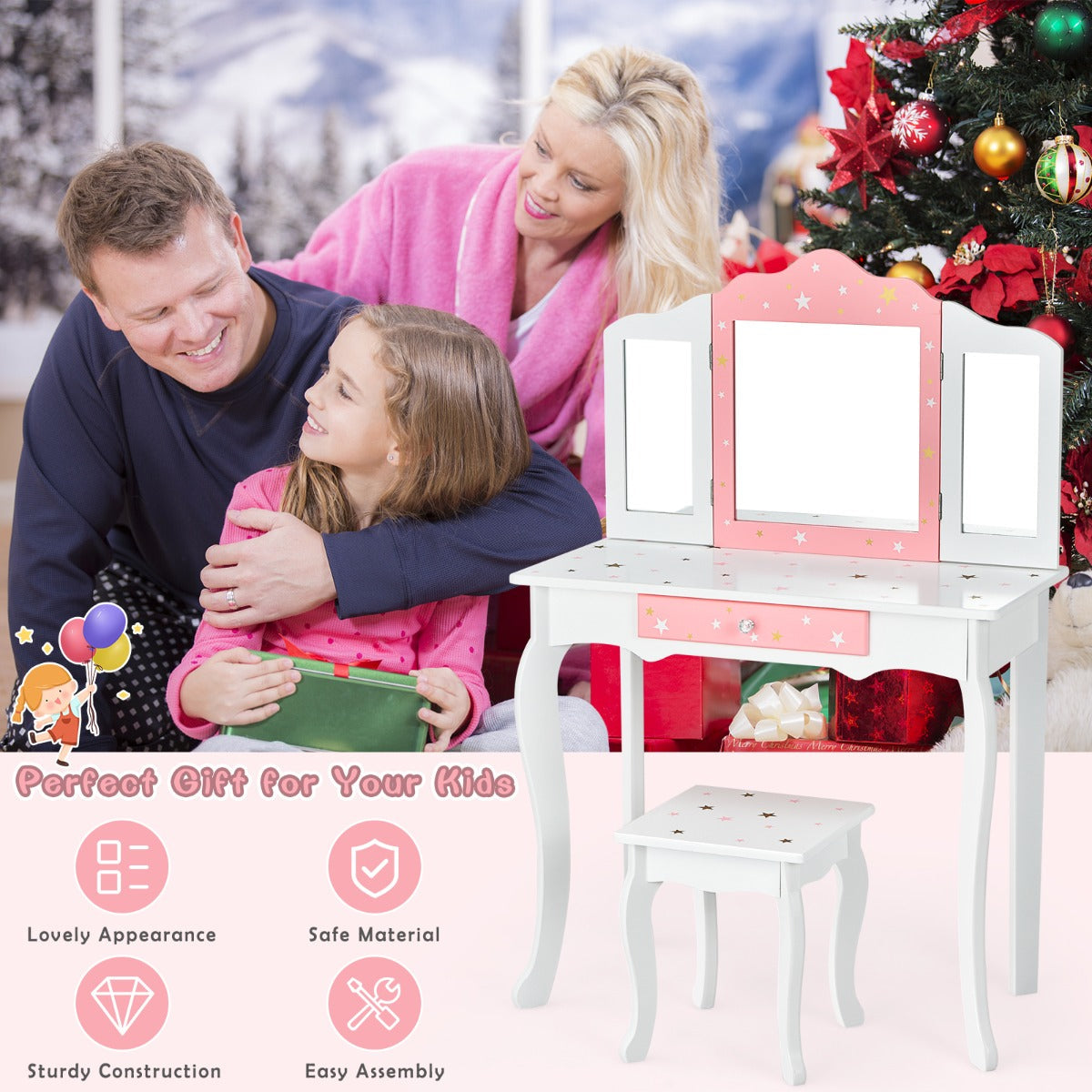 Pink children's vanity set makes a practical birthday or Christmas gift for imaginative play