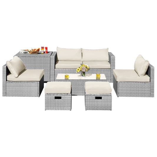 8-Piece Outdoor Grey PE Rattan Conversation Set with Washable Cushion Covers-White