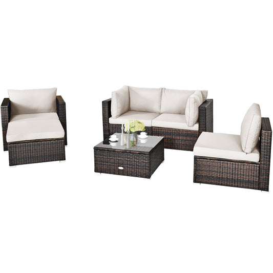 Costway 6 Pieces Patio Rattan Sectional Furniture Set with Seat Cushion for Backyard