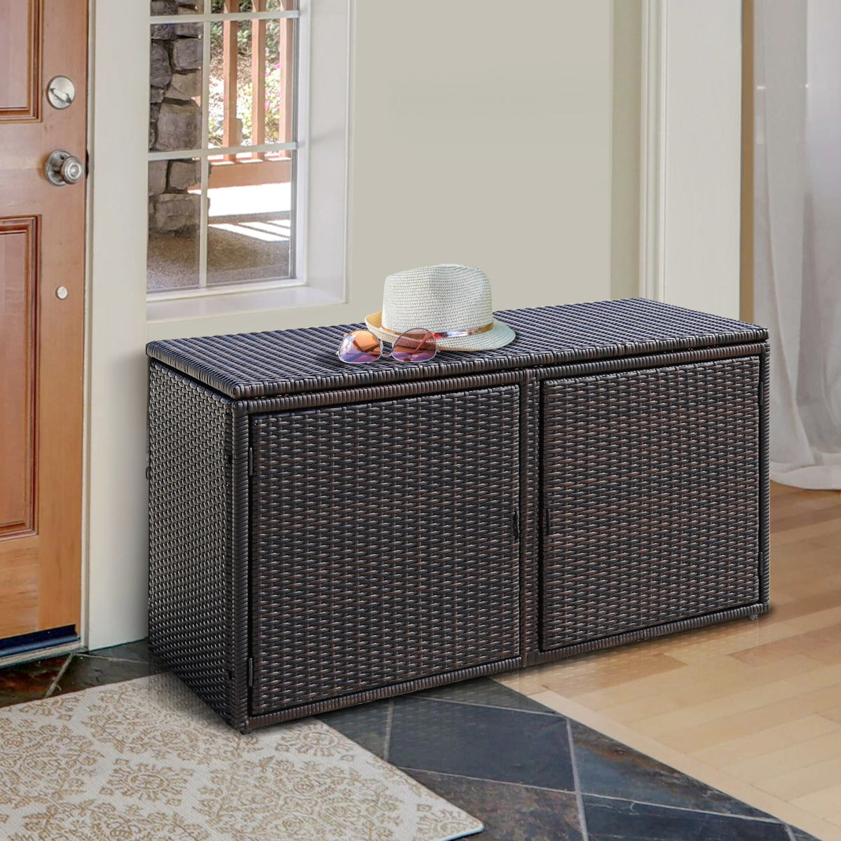 0.33m³ Patio Rattan Storage Container Box with Shelf -Brown