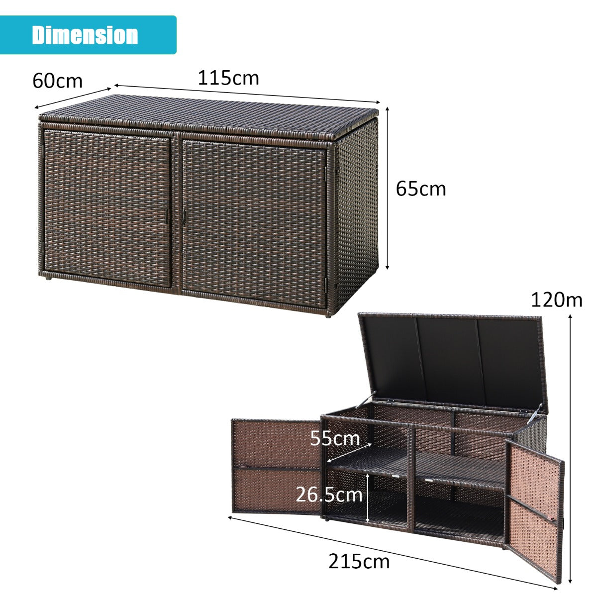 0.33m³ Patio Rattan Storage Container Box with Shelf -Brown