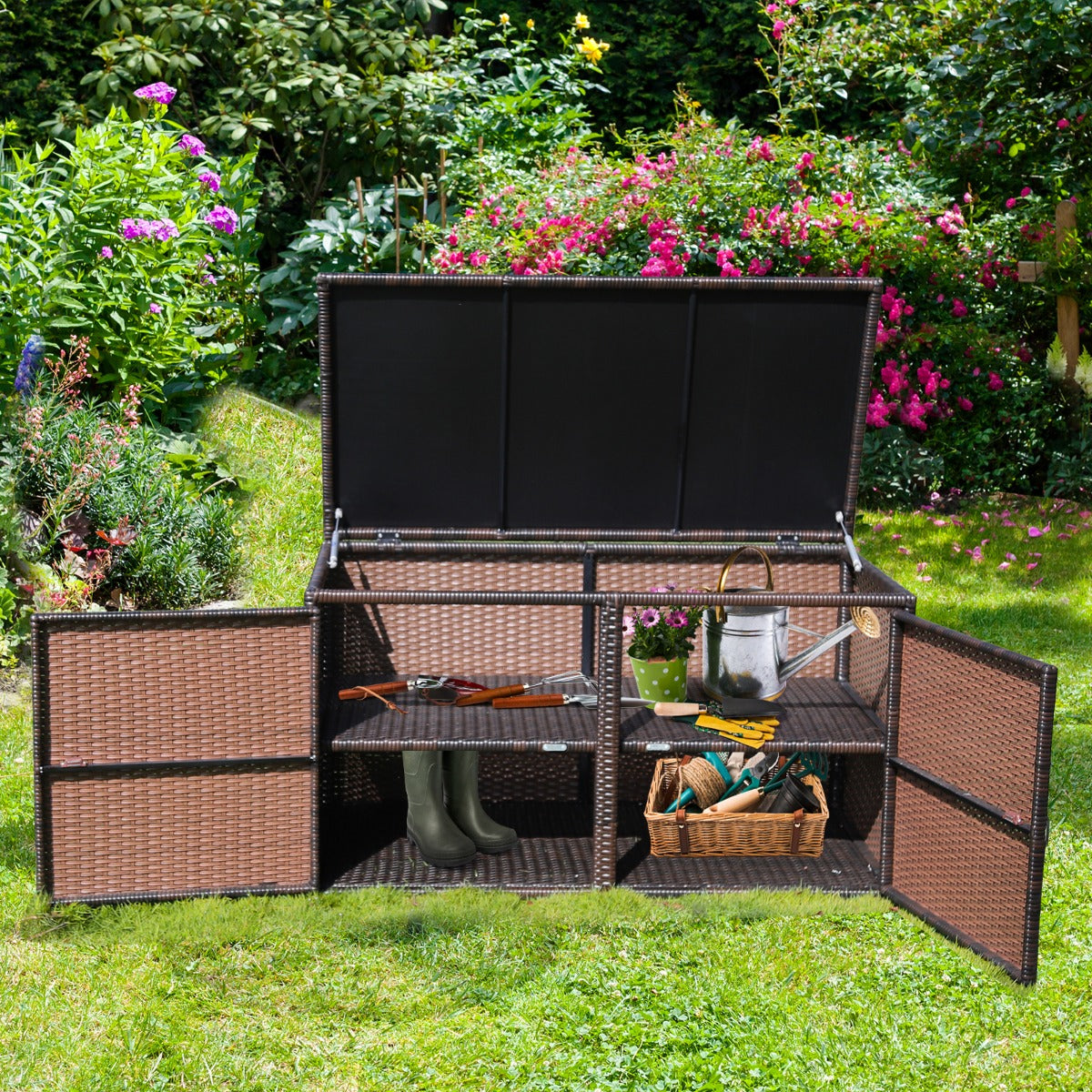 0.33m³ Patio Rattan Storage Container Box with Shelf -Brown