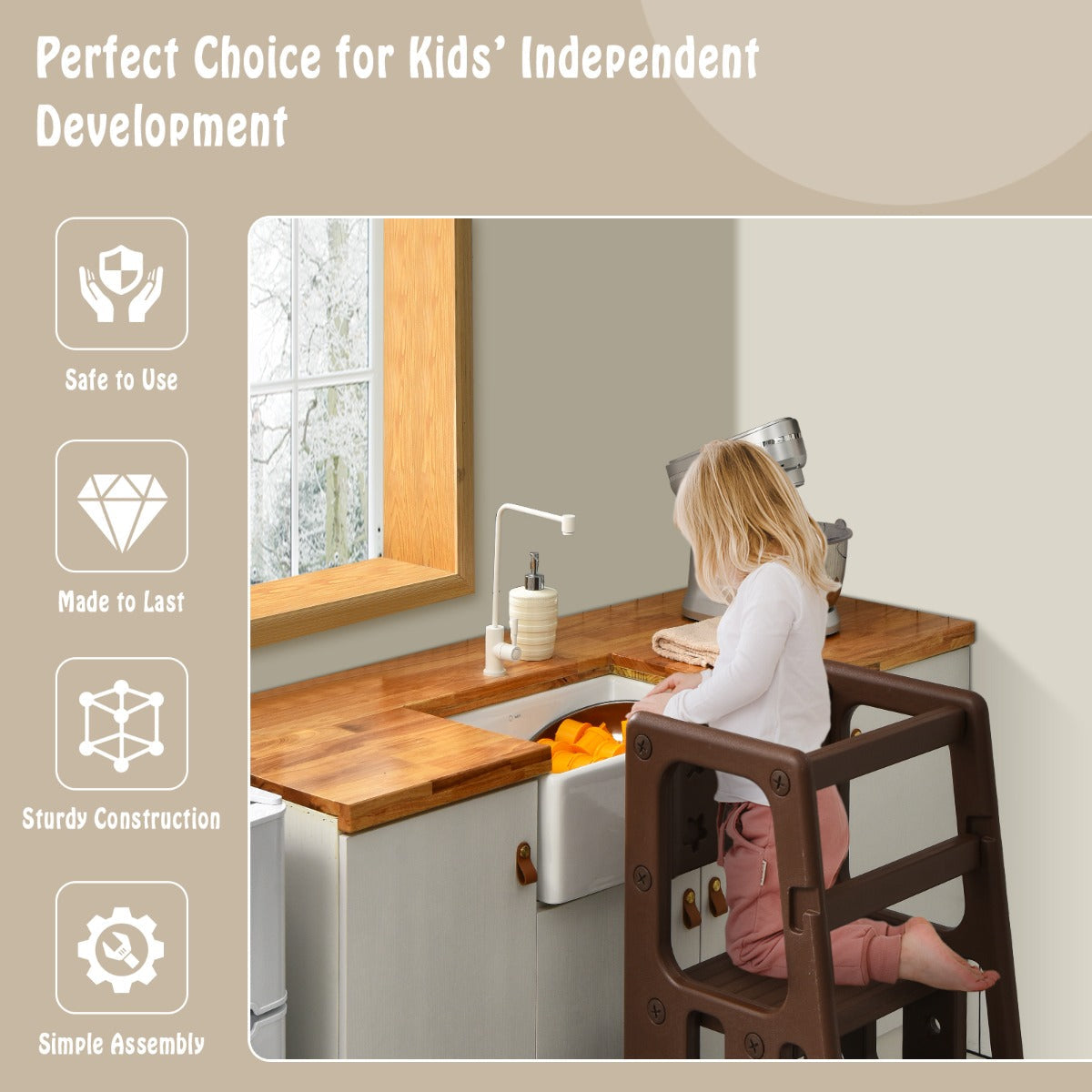 Toddler helper stool encourages independence while children cook, wash hands, and brush teeth