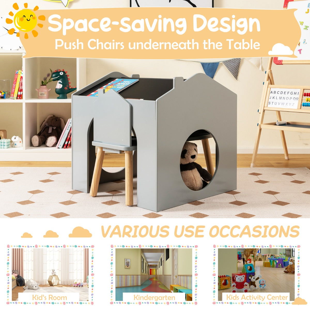 3 Pieces Kids Wooden Activity Play Desk and Chair Set with Chalkboards-Grey