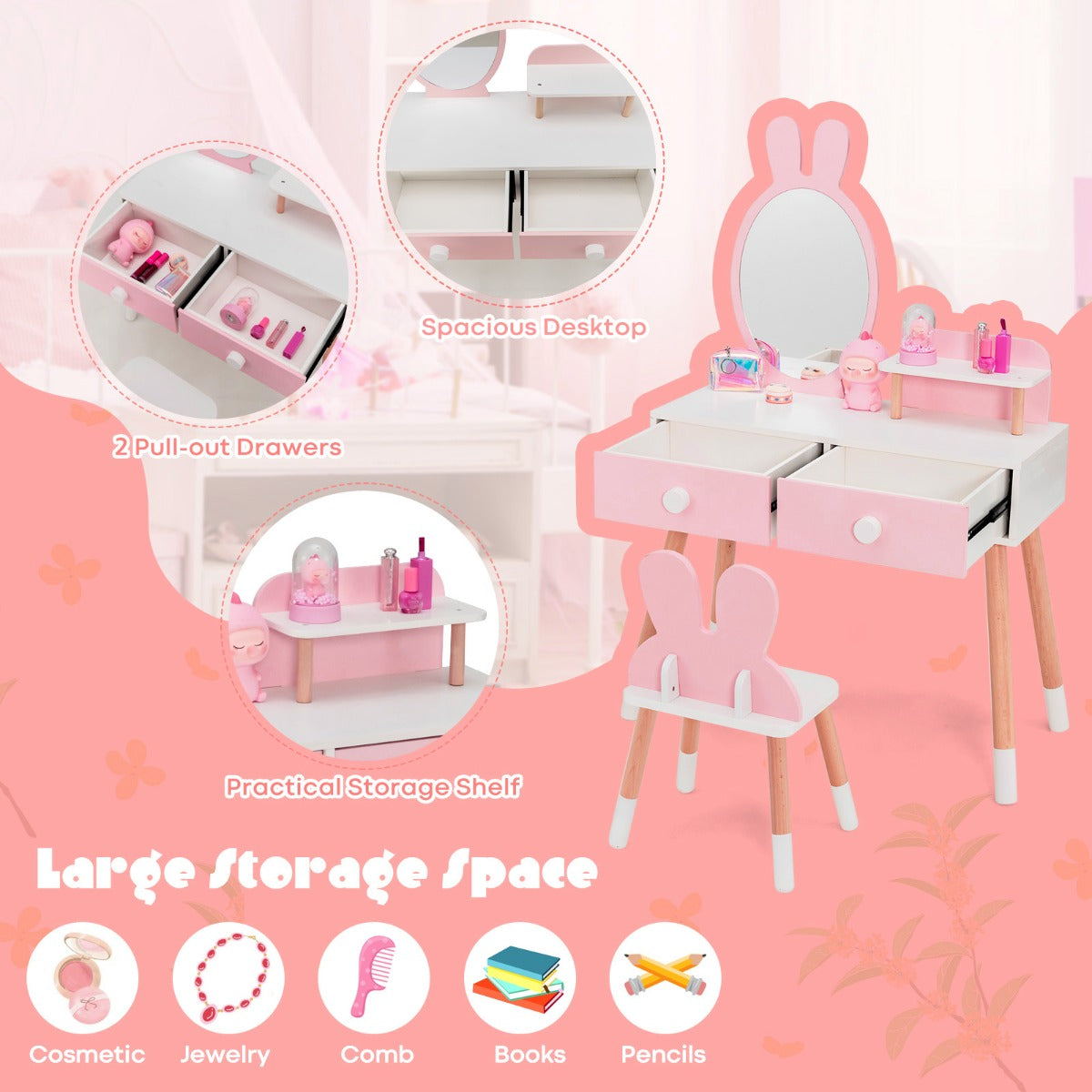 Kids Vanity Dressing Table Stool Set with Mirror Drawers