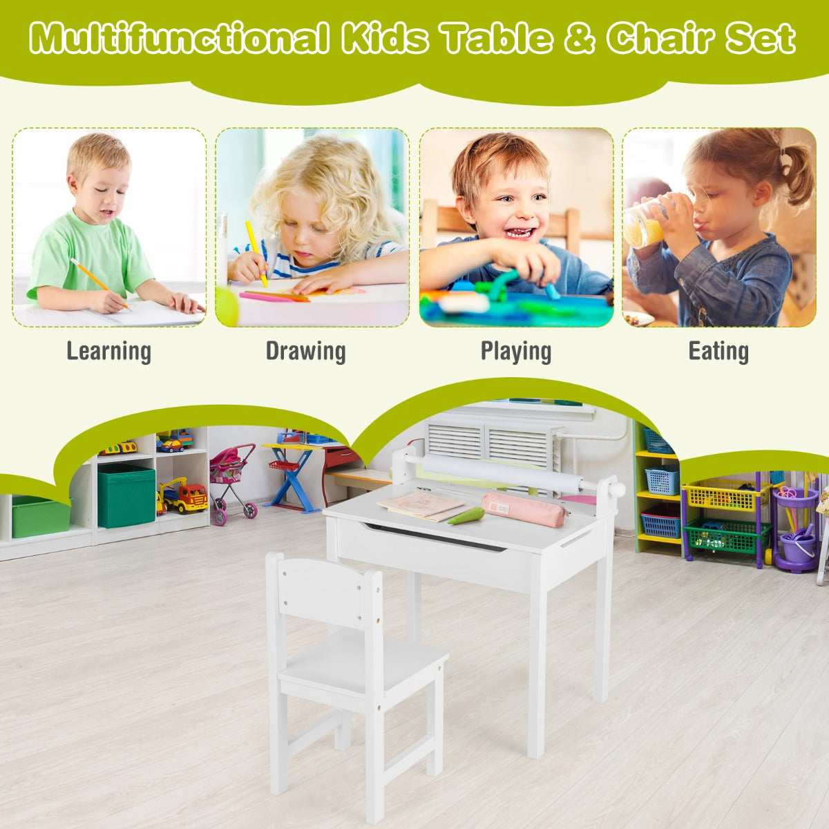 Toddler Activity Table Chair Set with Paper Roll Holder for Drawing, Studying