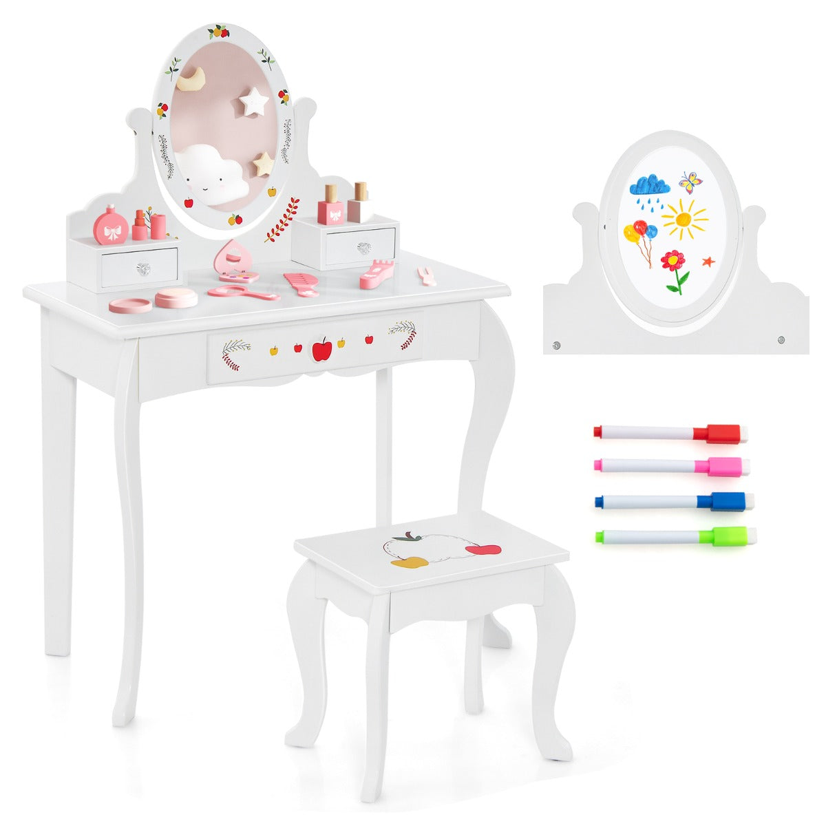 Costway Kids Vanity Set with 360° Rotatable Mirror & Whiteboard for Kids Aged 3 +