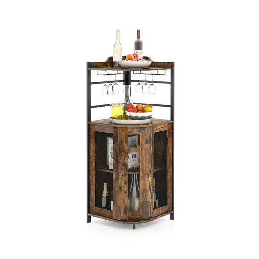 Costway Industrial Corner Bar Cabinet with Glass Holder and Adjustable Shelf-Rustic Brown