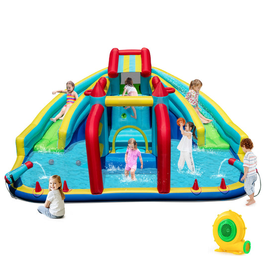 Inflatable Double Water Slide Park with Obstacle Course and Basketball Hoops(With Blower)