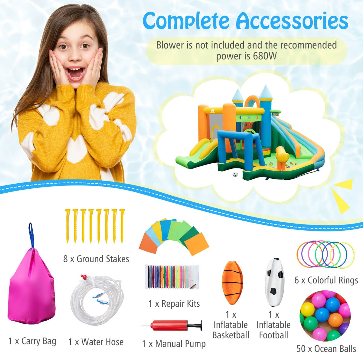 Recommended 680W blower is not included for this inflatable water park and play center