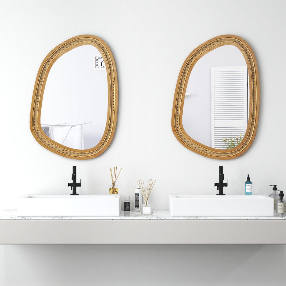 Asymmetrical Boho Wall Mirror with Natural Rattan and Wooden Frame, 85x59 cm