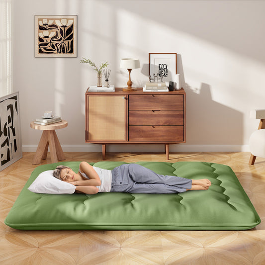 Japanese Roll up Floor Mattress with Washable Cover and Carry Bag-Green-Queen