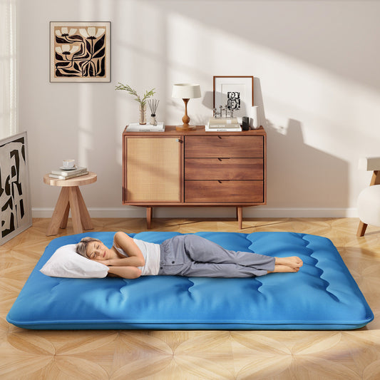Japanese Roll up Floor Mattress with Washable Cover and Carry Bag-Navy-Queen