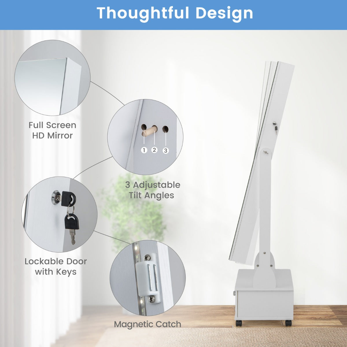 159 CM Lockable Jewelry Organizer with 3-Color LED Lights-White